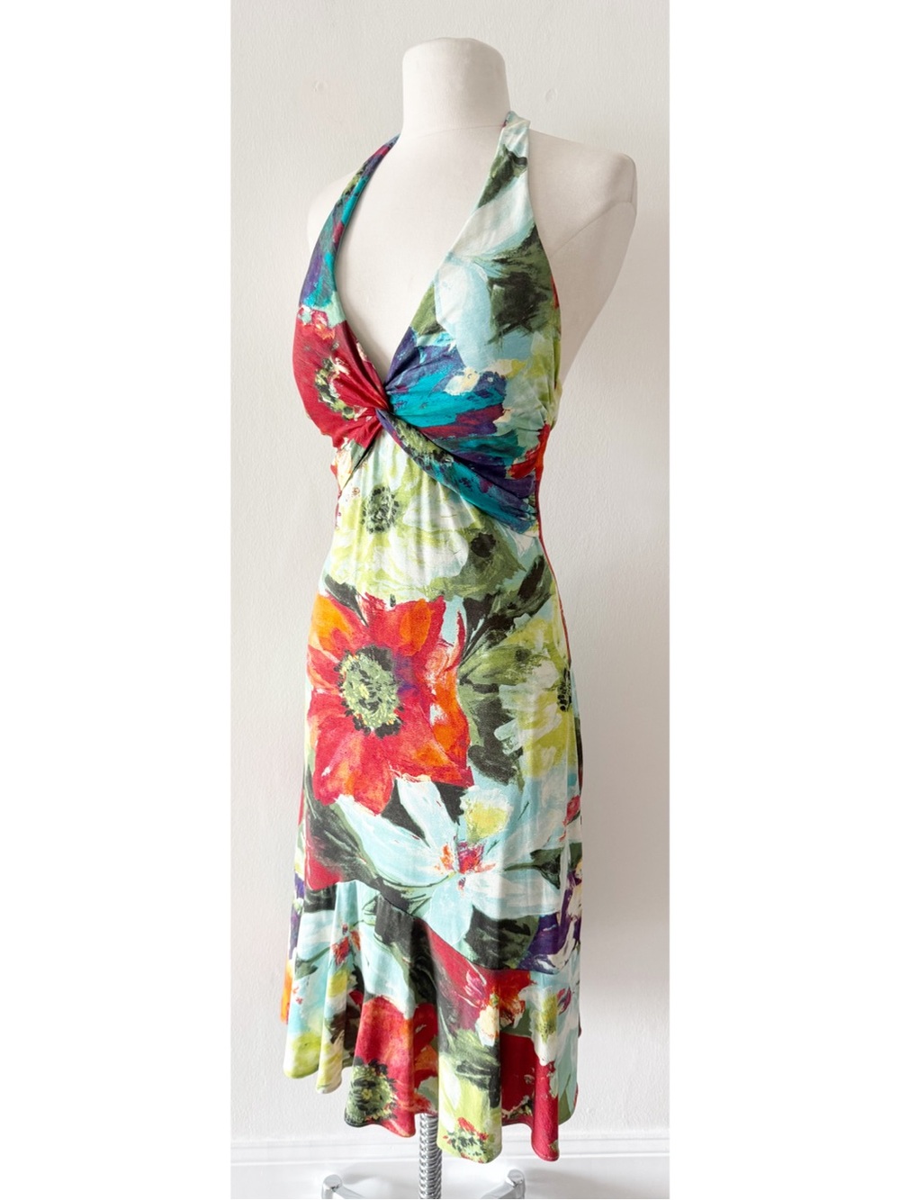 Vintage Cache Y2K Floral Watercolor Print Halter Midi Dress Size 12 - Picture 2 of 7